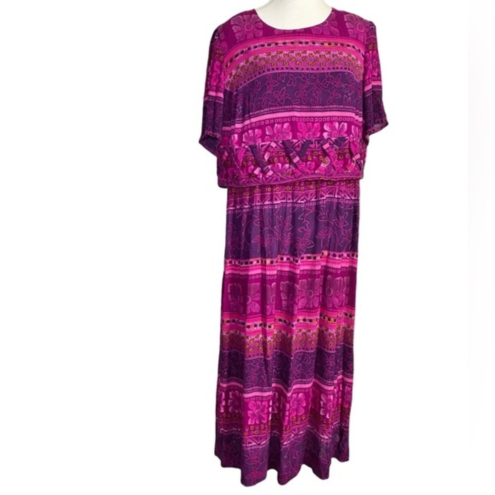 Liz Baker Vibrant Vintage Y2K Boho Pink & Purple Floral Geometric Maxi Dress